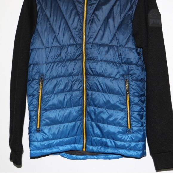 Hawke & Co Men’s Puffer Jacket Size Small Blue Black Hybrid Hoodie Zip Quilted - Picture 8 of 8